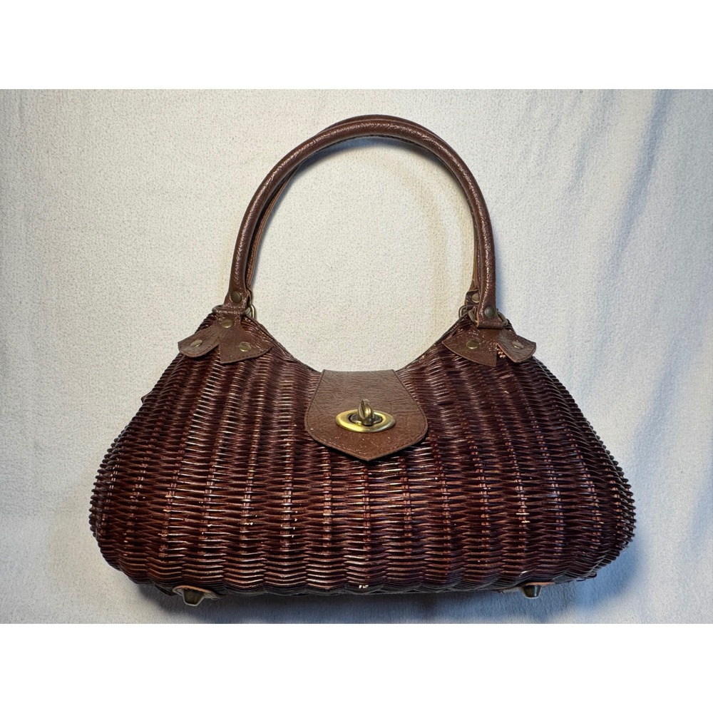 Vintage Woven Wicker Satchel Handbag Dark Brown Faux Leather Trim Turn Lock